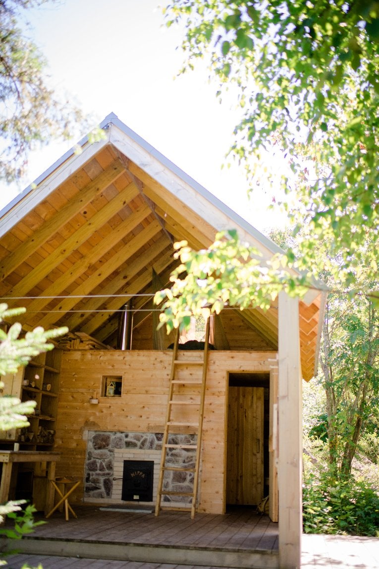 The sauna is a creative space as well as a sleeping area and heat source. Like all island structures it was built with a battery-powered circular saw and basic hand tools. 