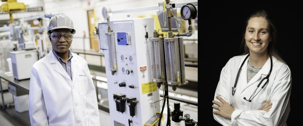 Left to right: black man in safety goggles, hard hat, white lab coat near equipment; white woman in white lab coat with stethoscope 