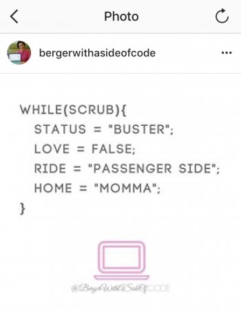While (Scrub) { Status = &quot;Buster&quot;; Love = False; Ride = &quot;Passenger Side&quot;; Home = &quot;Momma&quot; ;} @BergerWithaSideofCode lyrics on an instagram post computer screen