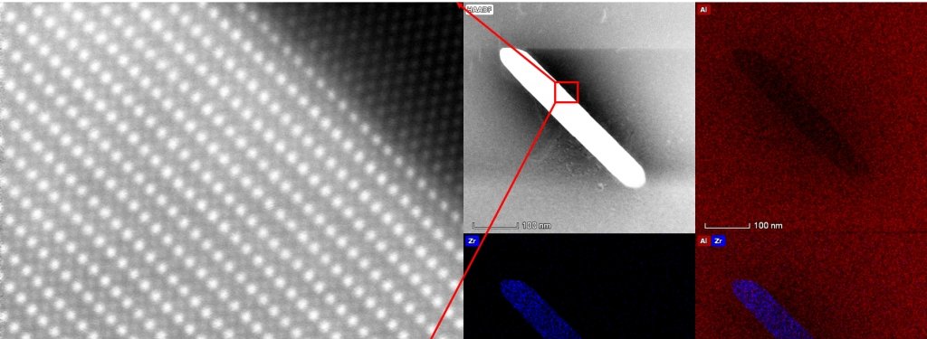 Scanning transmission electron microscope (STEM) mapping of the constituent elements (aluminum and zirconium) in the rod-like precipitate phase and the aluminum matrix. The bright dots in the picture are predominantly zirconium atoms, while the dimmer ones are formed by aluminum atoms.