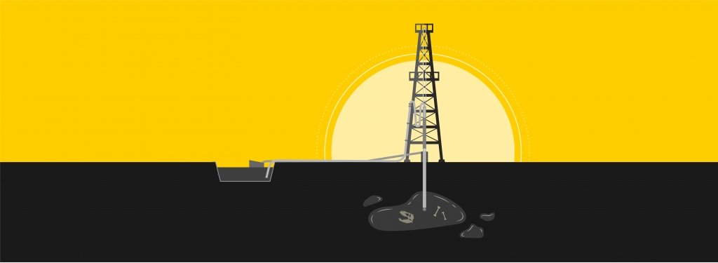 A stylized oil derrick pumping oil from an underground repository with the sun rising behind it.