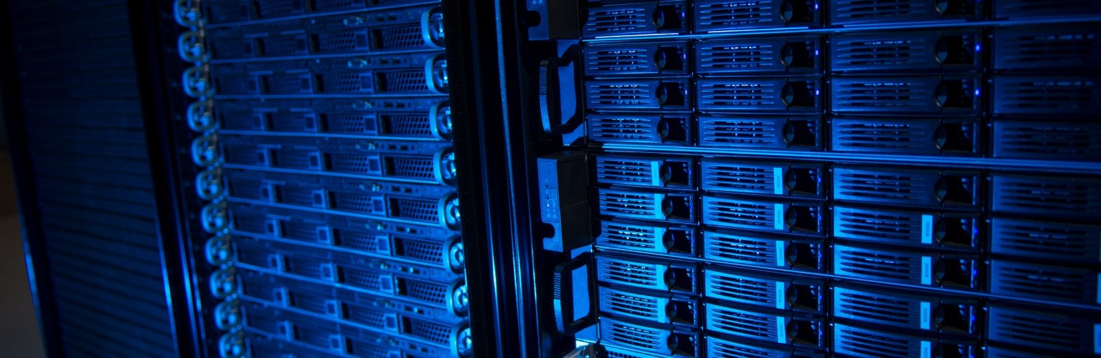 Superior supercomputer server racks in blue lighting