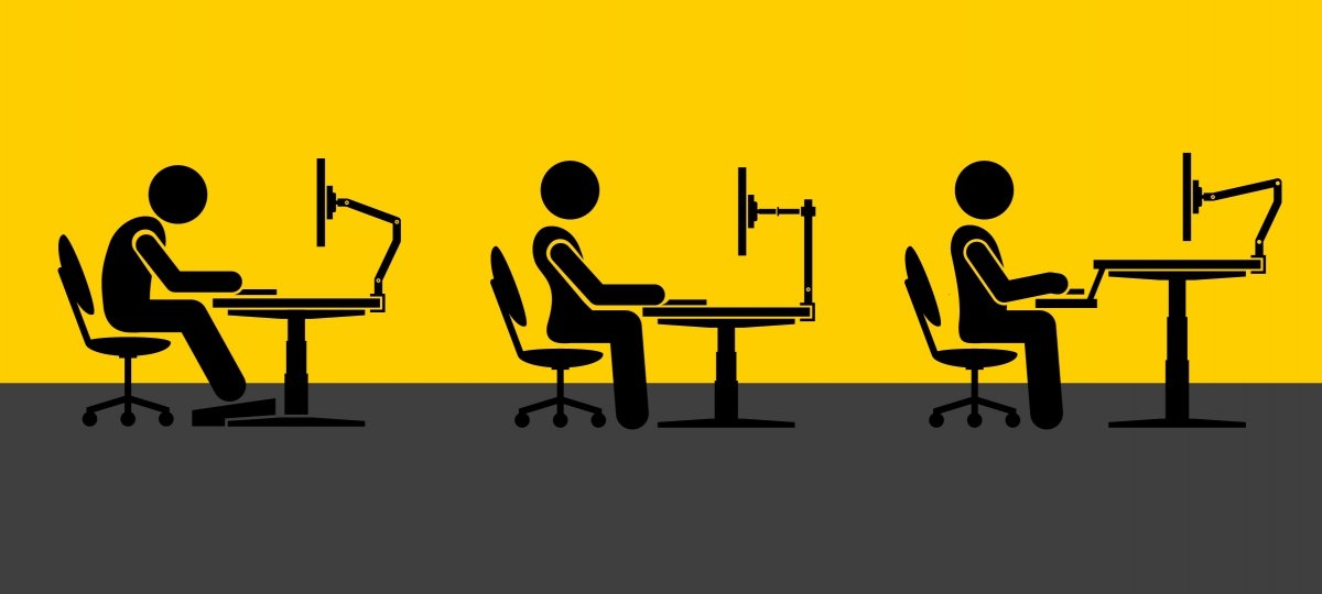 Three images from left of a graphics person seated, first slumped, then sitting up more, then sitting up in a correct posture for ergonomics