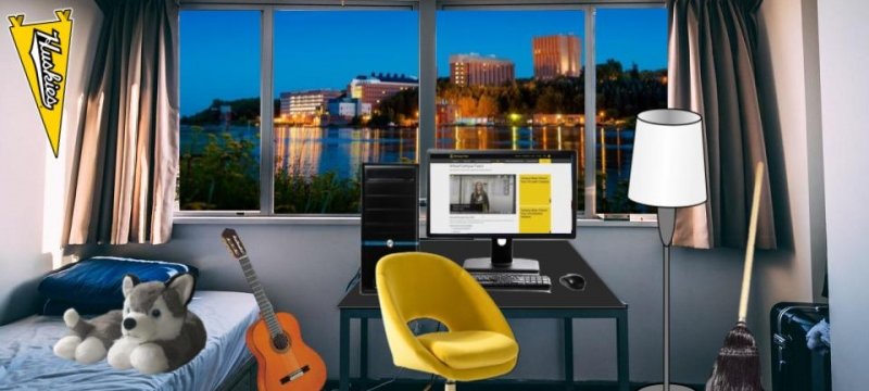 a virtual dorm room with stuffed husky on the bed, a guitar, and michigan tech campus looking out the window