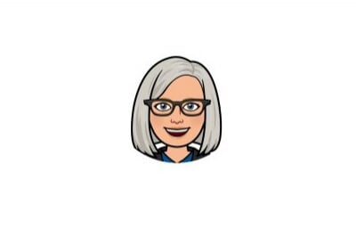 a smiling older woman with glasses and silver-gray page boy hairstyle bitmoji