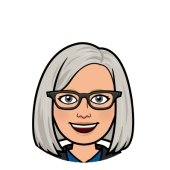 a smiling older woman with glasses and silver-gray page boy hairstyle bitmoji