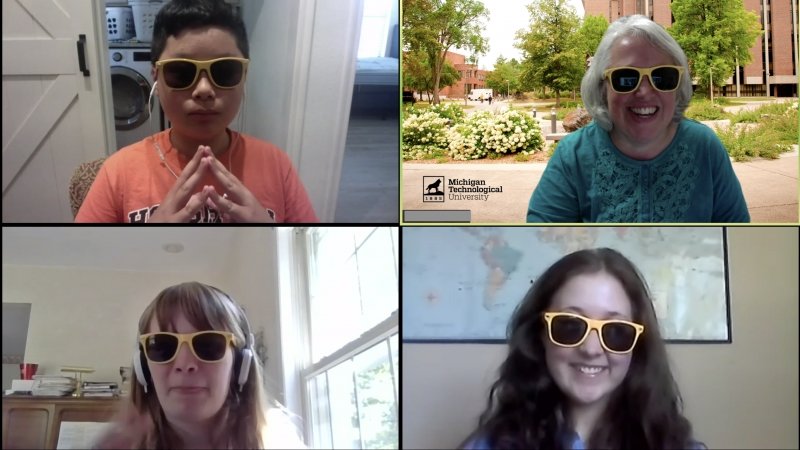 a four panel zoom clockwise left bottom a young girl, a young man, a woman with a Michigan Tech virtual background and another college student all wearing sunglasses