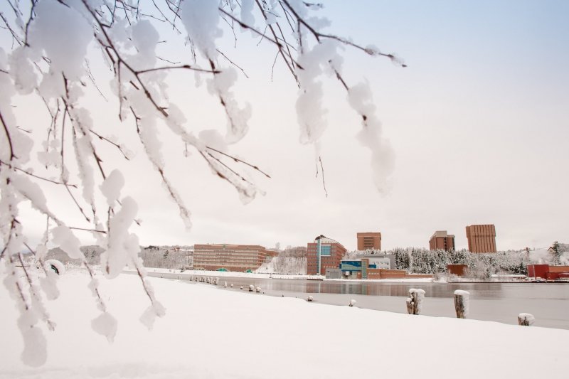 snow on Michigan Tech campus