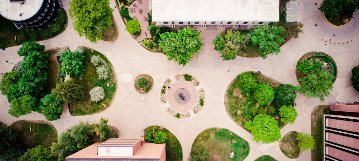 Drone image of Husky statue; top down perspective of green trees, gardens, sidewalks, and buildings. 