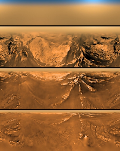 Four horizontal satellite images show the rise and fall of dunes on Titan.
