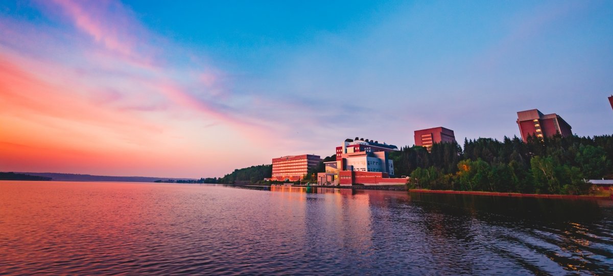 Drone image of the Michigan Tech campus at dawn.