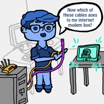 Comic with question, &quot;Now which of these cables goes to my internet modem box?&quot;