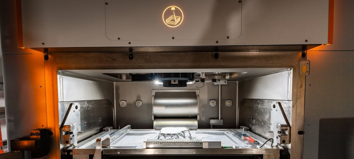 The interior of the new 3D metal printer, which is illuminated from within.