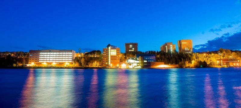 Michigan Tech campus from the waterfront at night.