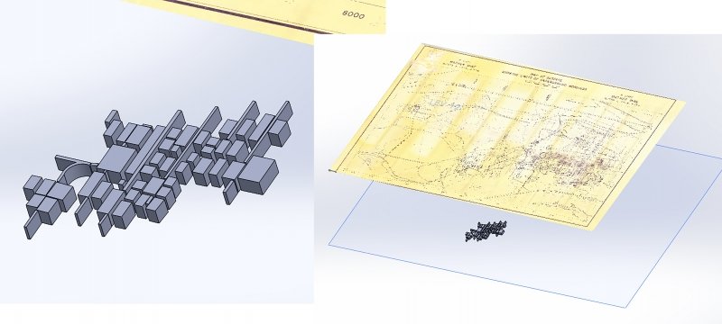 A 3D model underneath one of the paper maps that inspired it as a student designs a solid model of an iron mine for an energy project