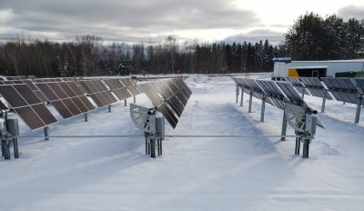 A solar array in winter at Michigan Tech's APSlabs, home to the northernmost solar regional test center in the nation.