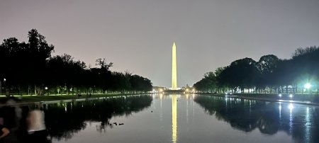 Nighttime capture of the Washington Monument from the steps of the Lincoln Memorial as Michigan Tech research faculty and staff visit the nation's capital.