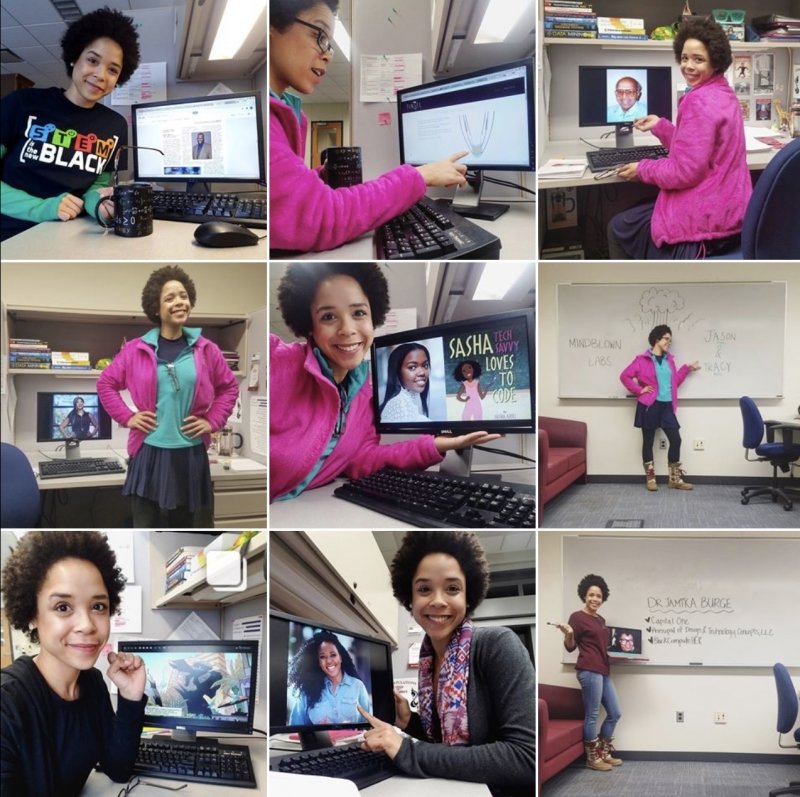 9 squares in an Instagram profile with nine photos of the same smiling woman with computer screens and a white board behind her in an office