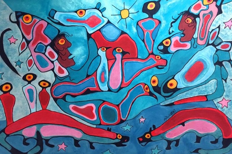 A blue red and pink painting