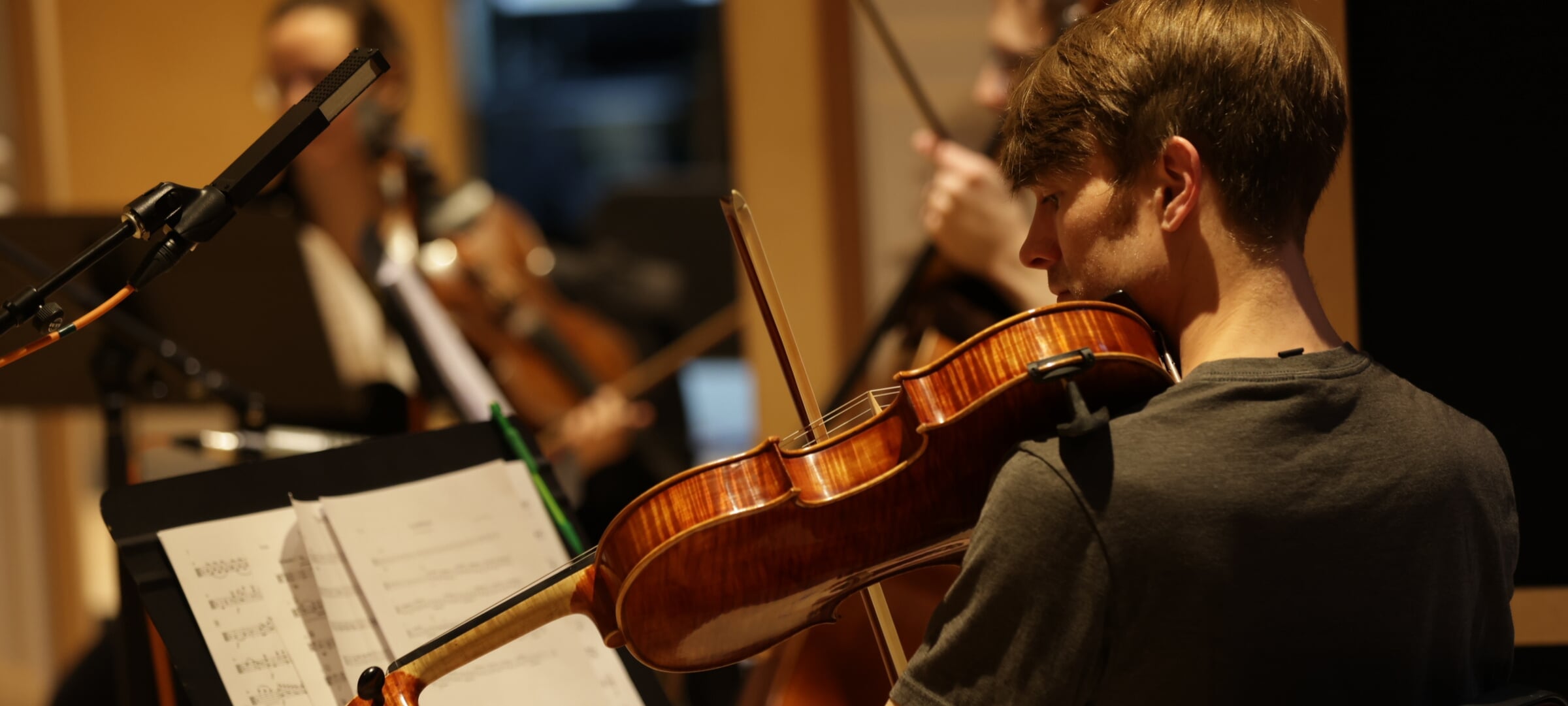 Violinist practicing with orchestra