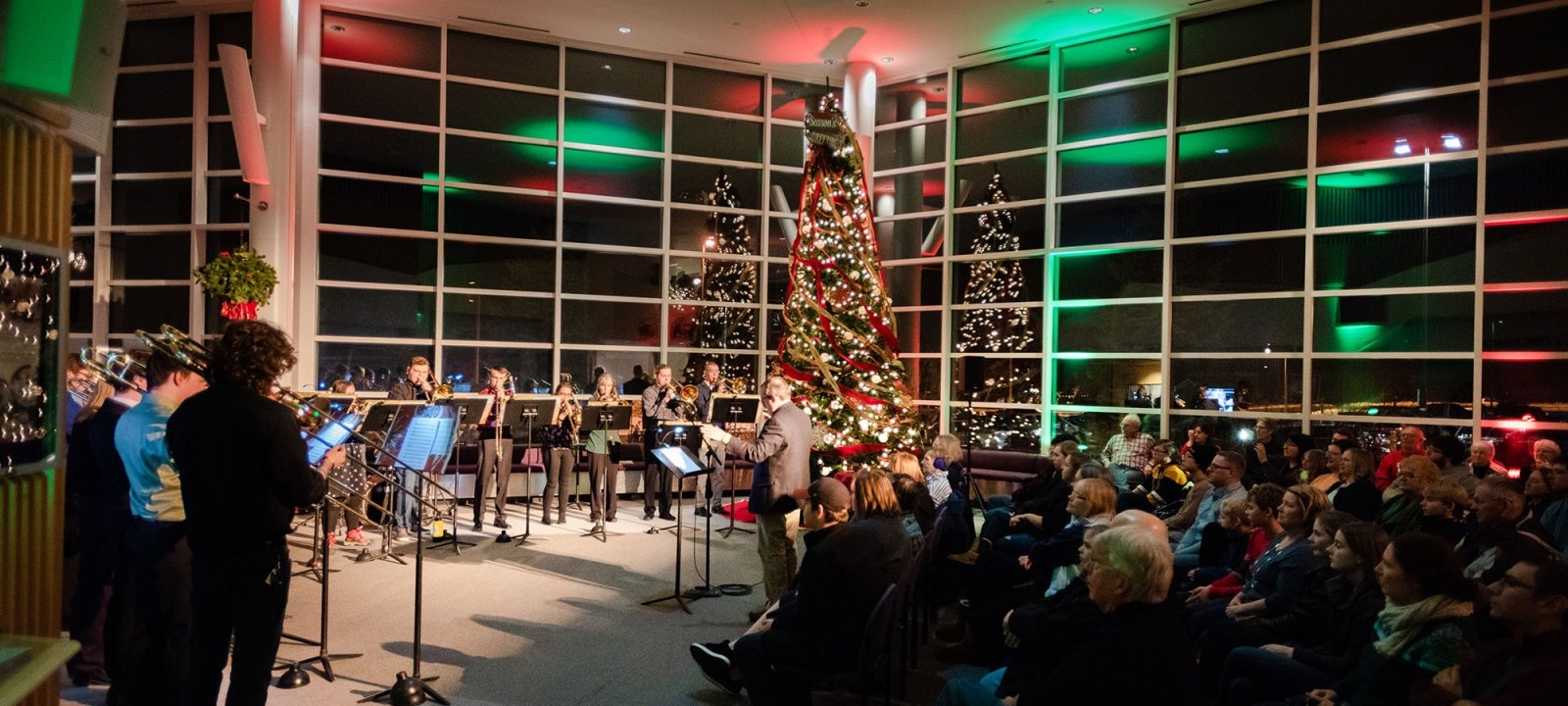 Trombone Choir in the Samuel and Grace Horner Lobby, Roza Center for the Performing Arts.