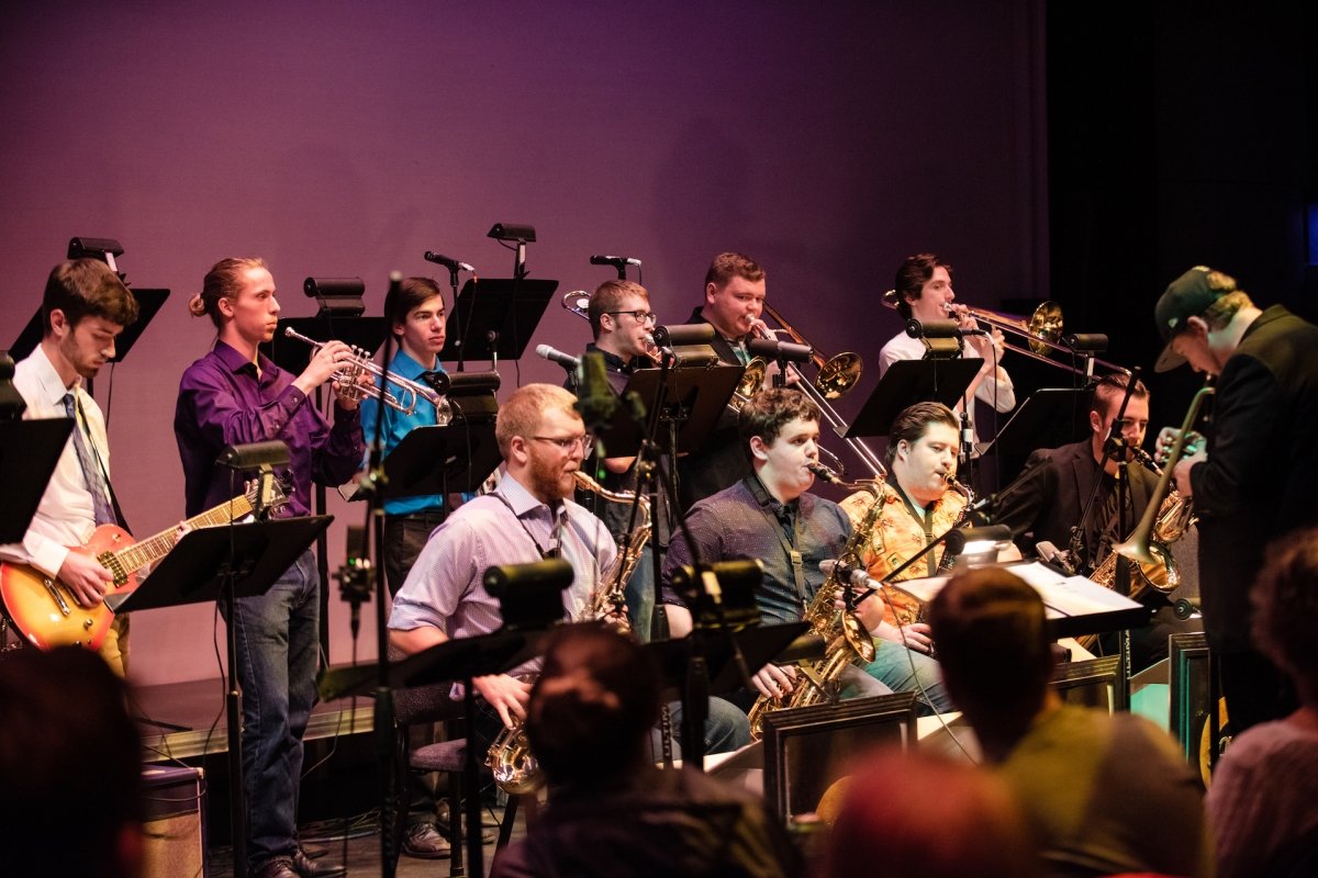 Michigan Tech jazz band performing on stage at the Rozsa Center for the Performing Arts
