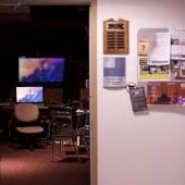 View of outside the Film Mixing Studio with a student creation of the Han Solo Carbonite set piece.